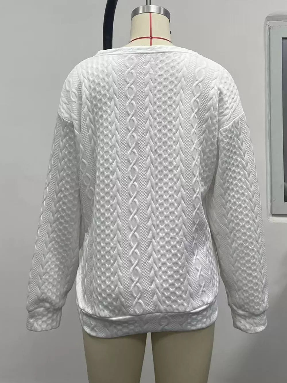 Textured Knit Crewneck Sweatshirt in White, fit detail