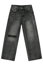 Baggy fit dark washed denim jeans with knee rip detail