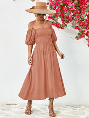 Dusty Pink off-shoulder midi dress with gathered bodice and balloon sleeves.