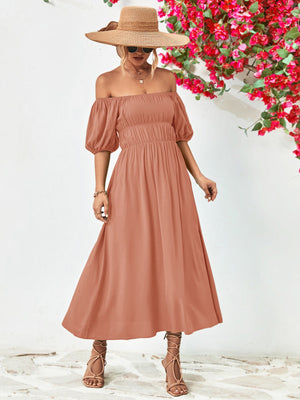 Dusty Pink off-shoulder midi dress with gathered bodice and balloon sleeves.