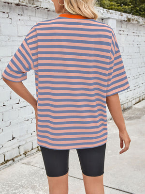 Relaxed fit t-shirt with wide blue and dusty pink stripes and contrast orange neck.
