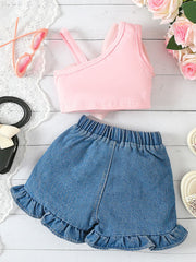 Pink bowknot crop top and ruffled denim shorts set for girls