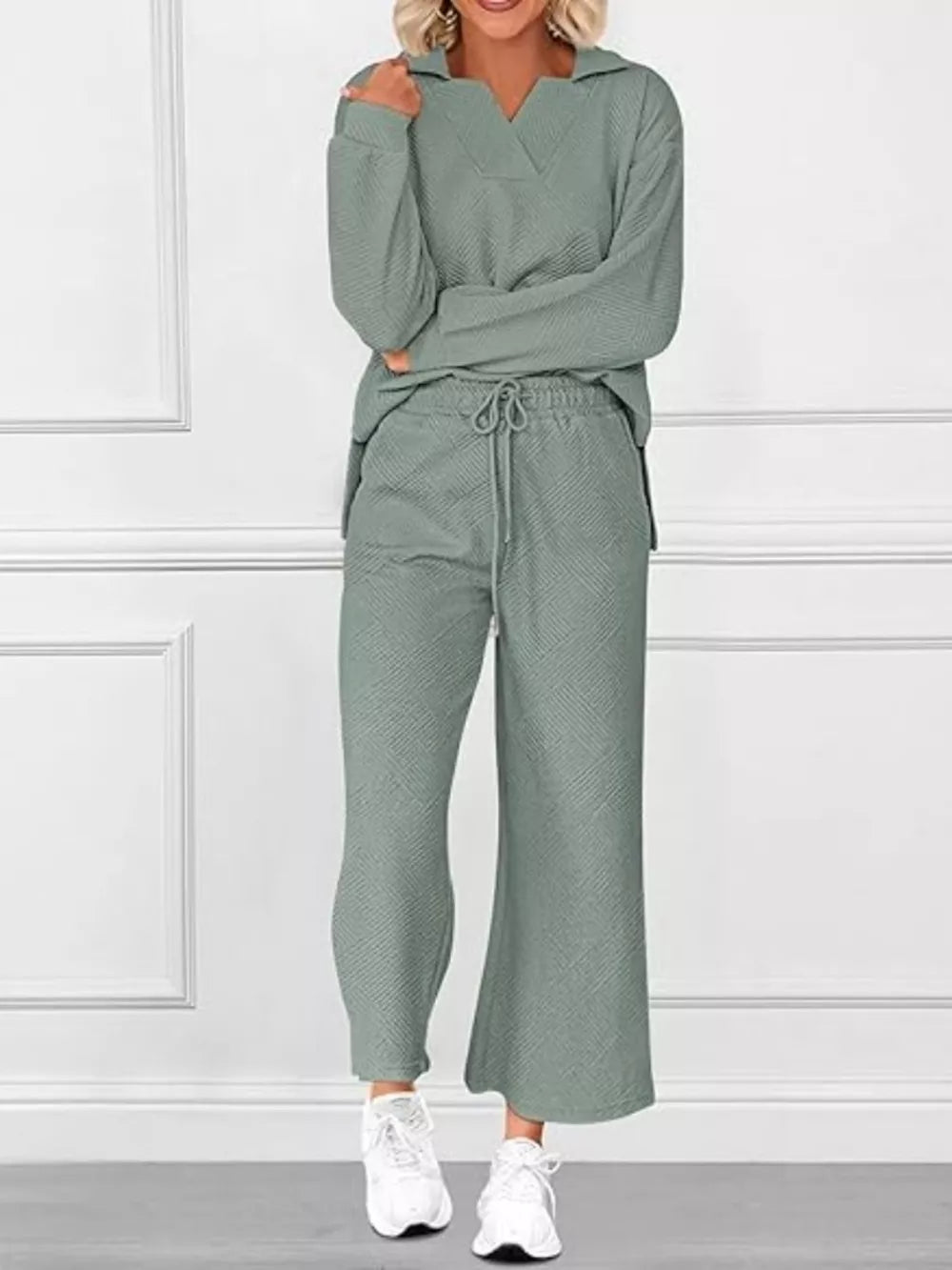 Sage V-neck textured lounge set with diagonal pattern pants and long sleeves.