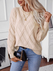 Diamond cable knit crewneck sweater in khaki with long sleeves.