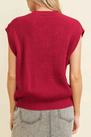 Burgundy ribbed knit vest with a mock neckline and cap sleeves.