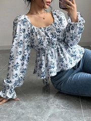 Floral Print Square Neck Peplum Blouse in Floral, model styling view