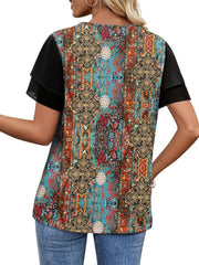 Layered ruffled short sleeve t-shirt with a multicolor floral print and black sleeves.