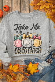 Gray crewneck sweatshirt with "Take Me to the Disco Patch" graphic featuring disco ball pumpkins.