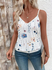 Floral V-neck camisole with eyelet detail and adjustable straps.