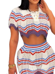 Crochet crop top and skirt set with zigzag stripes in white, red, blue, and purple.