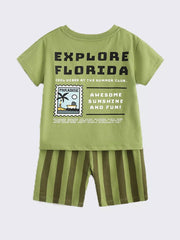 Boys' green cotton graphic tee and striped shorts set with "Explore Florida" text and paradise stamp graphic.