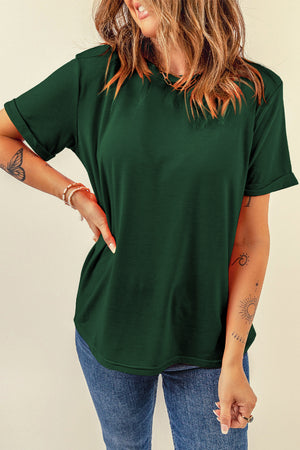 Dark green t-shirt with rolled short sleeves and a crew neck.
