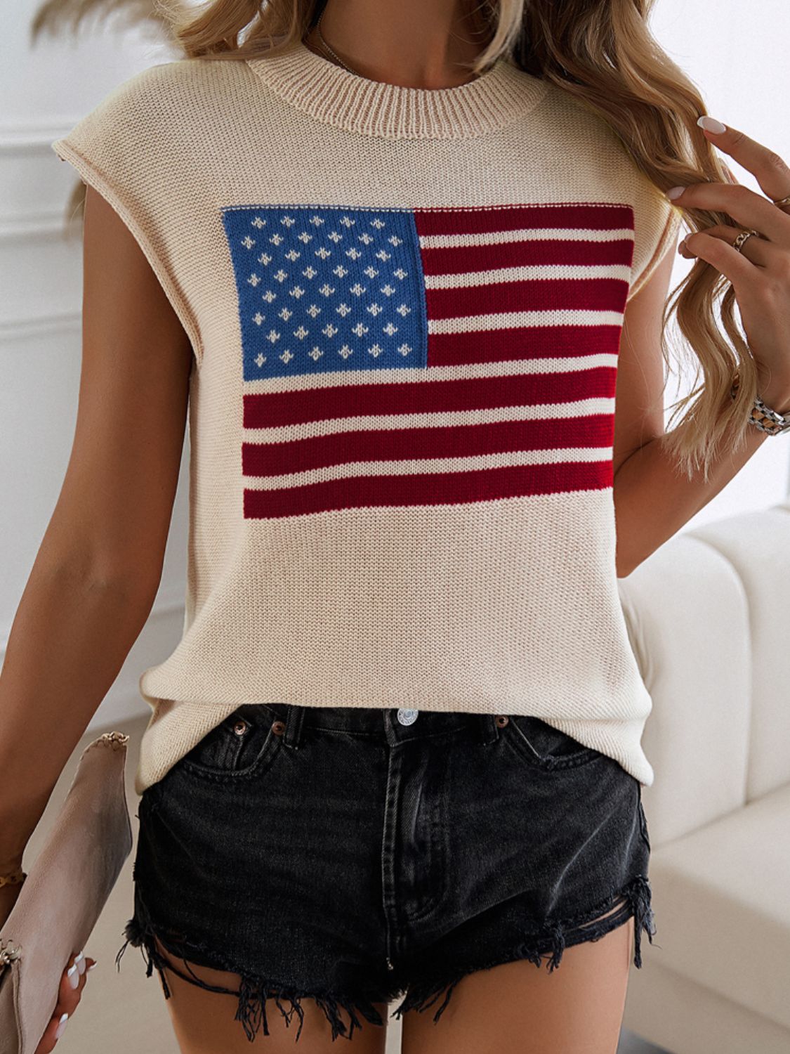 Beige knit vest with American flag graphic, crewneck, sleeveless, casual style