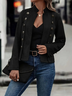 Black suede military-inspired jacket with button details and a stand collar.