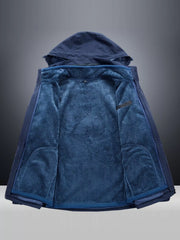 Blue hooded jacket with plush fleece lining and zippered pockets.