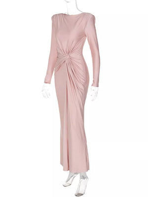 Pink ruched long sleeve maxi dress with boat neckline and knot detail