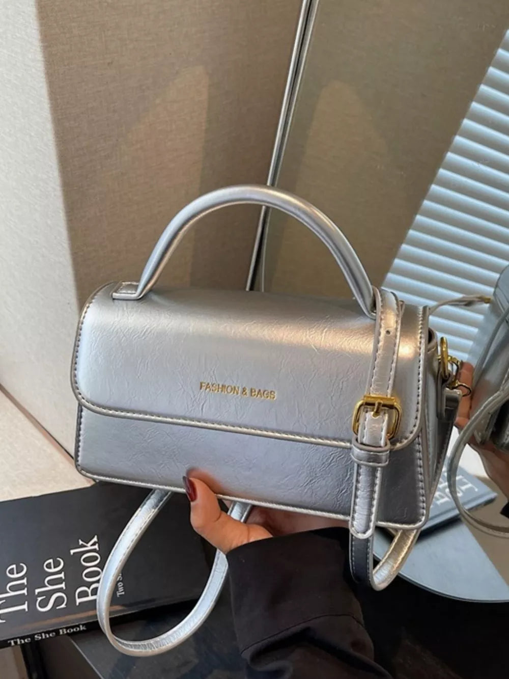Top Handle Flap Mini Crossbody Bag in Silver, back view