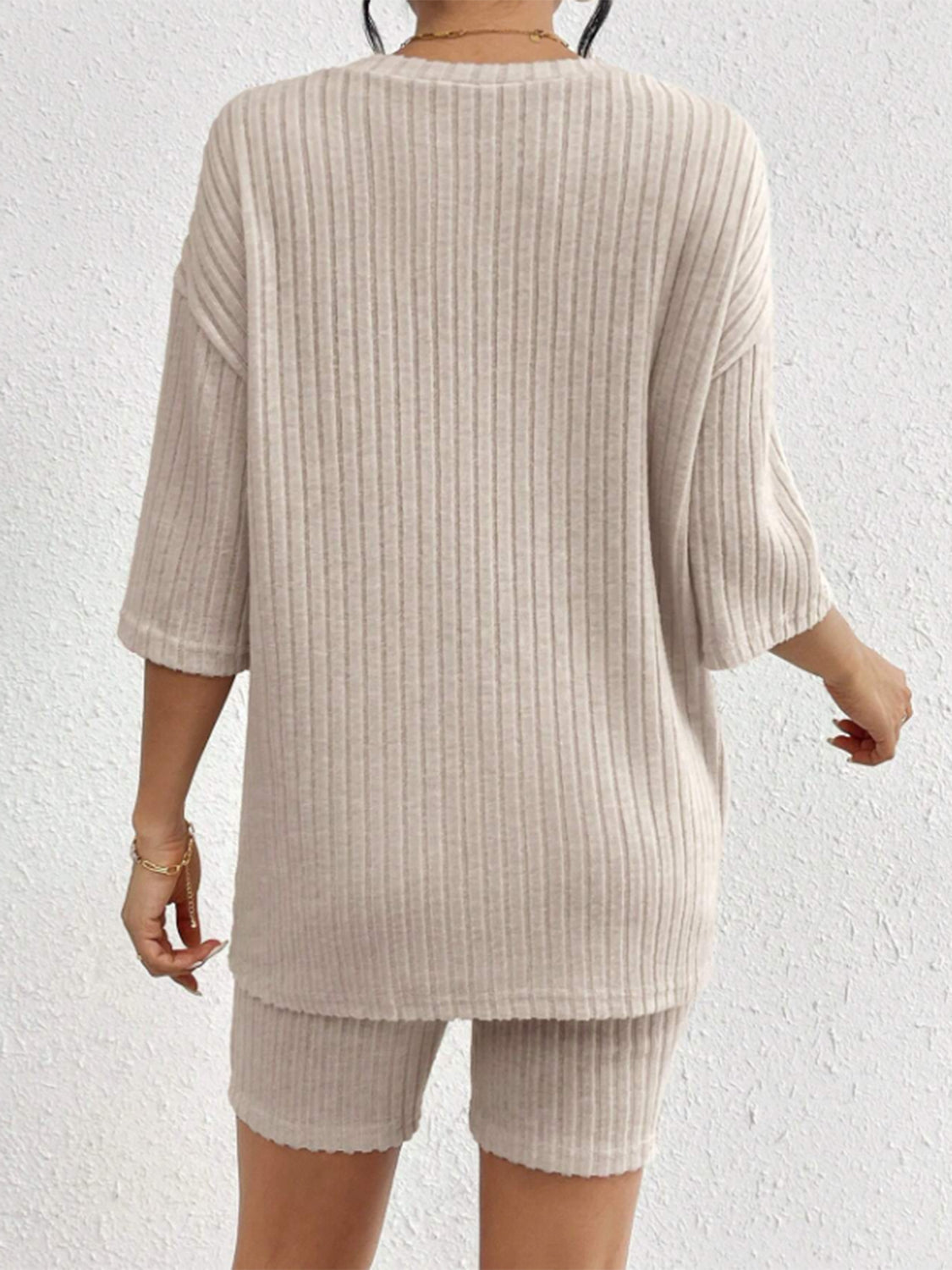Relaxed ribbed lounge set in Dust Storm, featuring a short-sleeve top and bike shorts.
