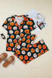 Pumpkin Patch Pajama Set with short sleeves and collar, featuring a dark green background with orange and white pumpkin