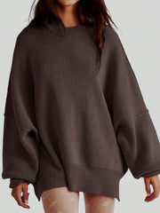 Oversized ribbed knit sweater in chocolate with drop shoulders and crew neck.