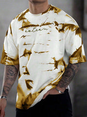 Men's oversized cotton t-shirt with abstract tie-dye pattern and embroidered text.
