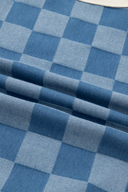 Denim maternity t-shirt with blue checkered pattern, short sleeves, and crew neck.