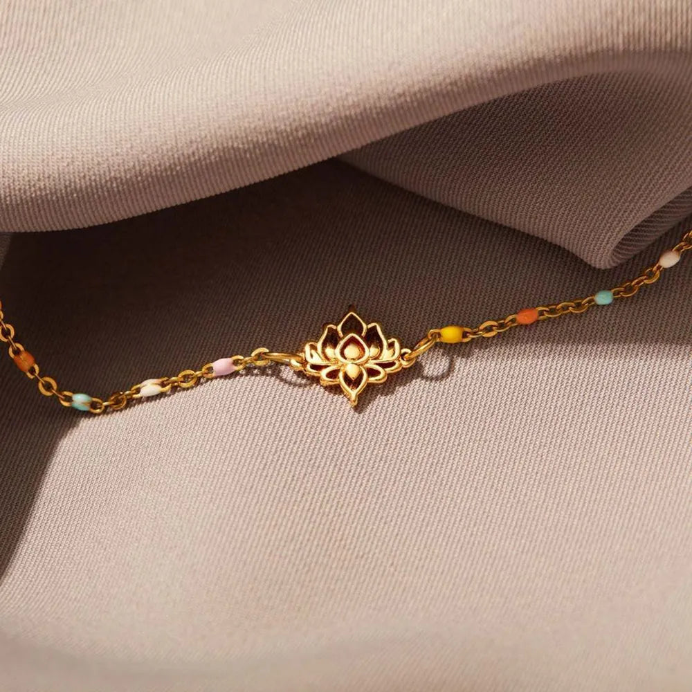 Gold lotus charm bracelet with colorful enamel beads