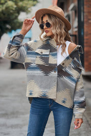 Southwestern print overshirt jacket in tan with blue and gray geometric pattern, button front and chest pockets.