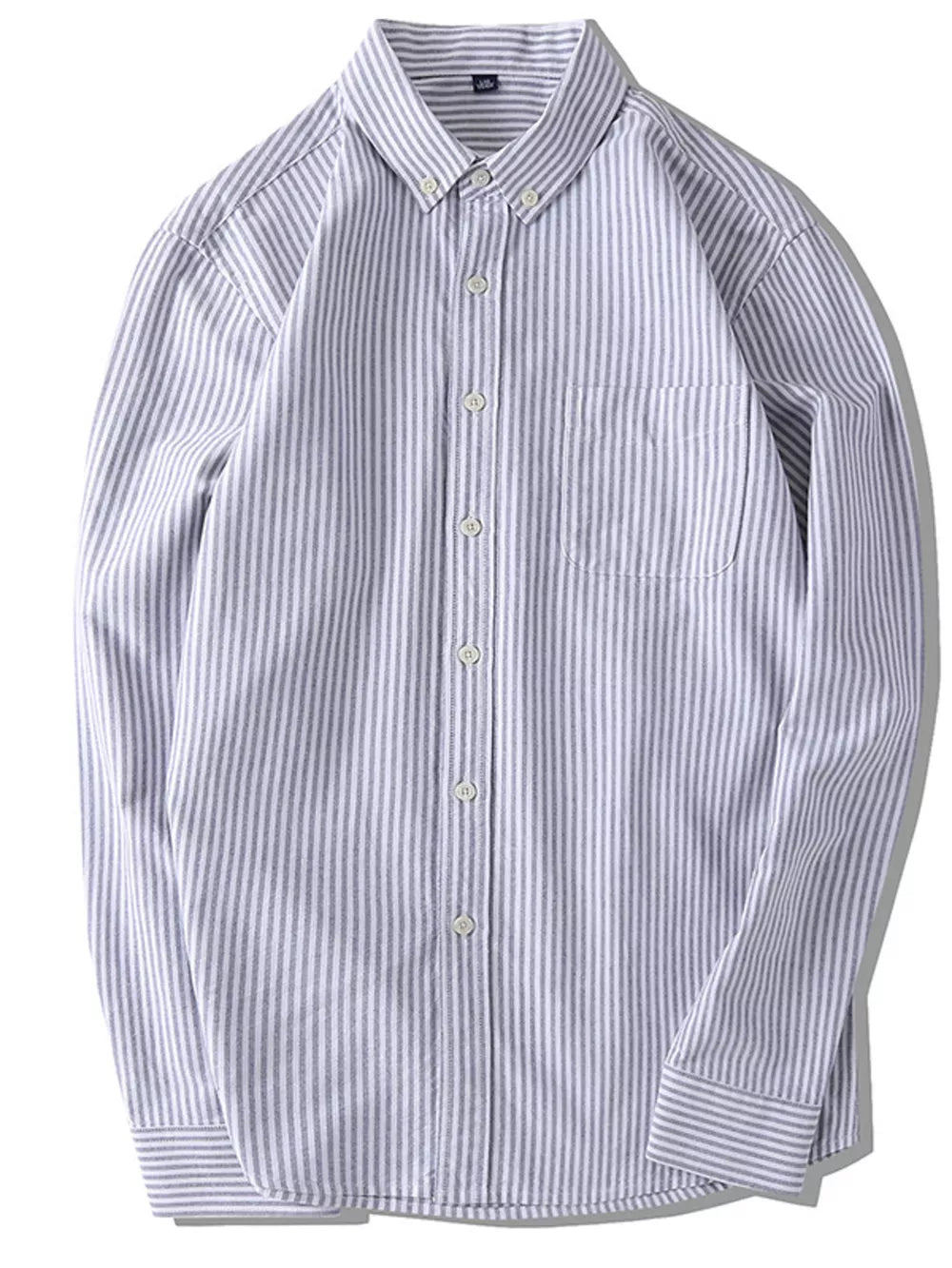 Men's classic cotton button-down shirt in Air Force Blue with gray stripes and a chest pocket.
