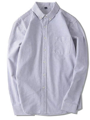 Men's classic cotton button-down shirt in Air Force Blue with gray stripes and a chest pocket.