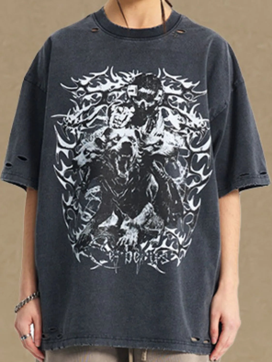 Black distressed oversized graphic tee with wolf and skull design