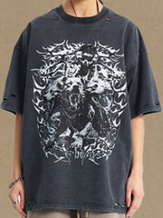 Black distressed oversized graphic tee with wolf and skull design