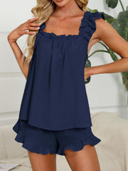 Navy ruffled square neck tank top and shorts pajama set
