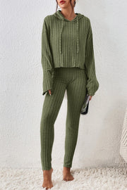 Army green ribbed knit cropped hoodie and leggings lounge set with raw hem detail.