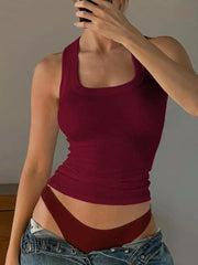 Burgundy ribbed tank top with square neckline and cropped length.