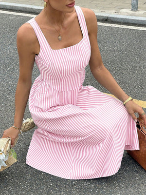 Pink striped midi dress with square neck and a-line cut.