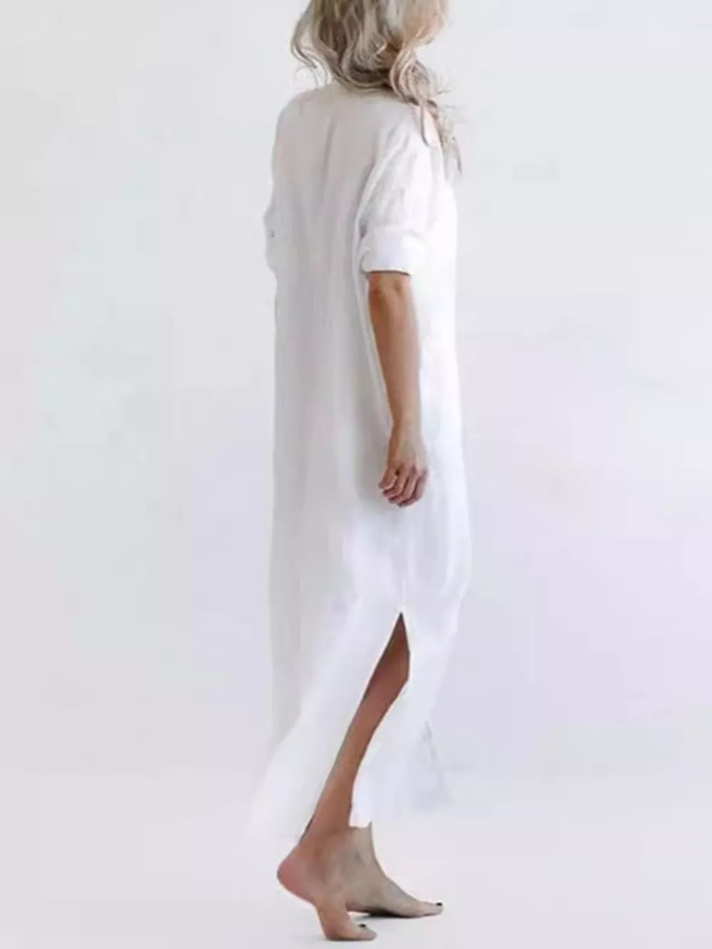Full Size Casual Button-down Maxi Shirt Dress in White, fabric detail