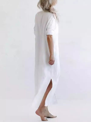 Full Size Casual Button-down Maxi Shirt Dress in White, fabric detail