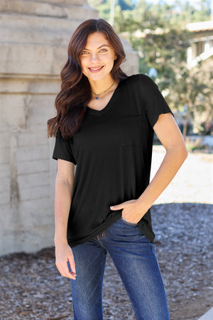 Black V-neck pocket tee with short sleeves and a relaxed fit.