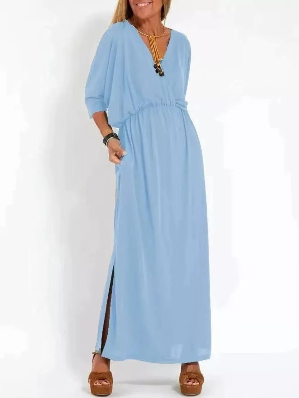Sky blue V-neck maxi dress with dolman sleeves and side slits