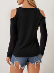 Black cold shoulder knit top with lace inset detail.