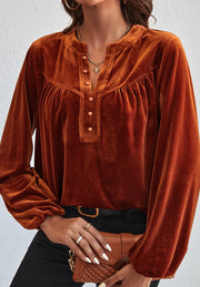 Brown velvet henley blouse with gathered yoke and button detail
