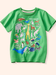 Green cotton t-shirt with a playful animal alphabet print and crew neck.