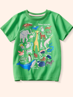Green cotton t-shirt with a playful animal alphabet print and crew neck.
