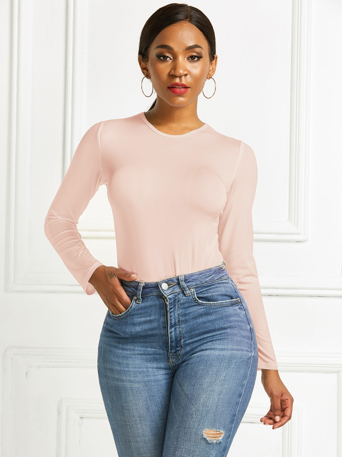 Apricot ribbed long sleeve bodysuit with crew neck