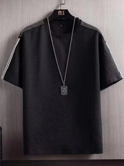 Black textured t-shirt for men with white stripe detail on sleeves and round neck.