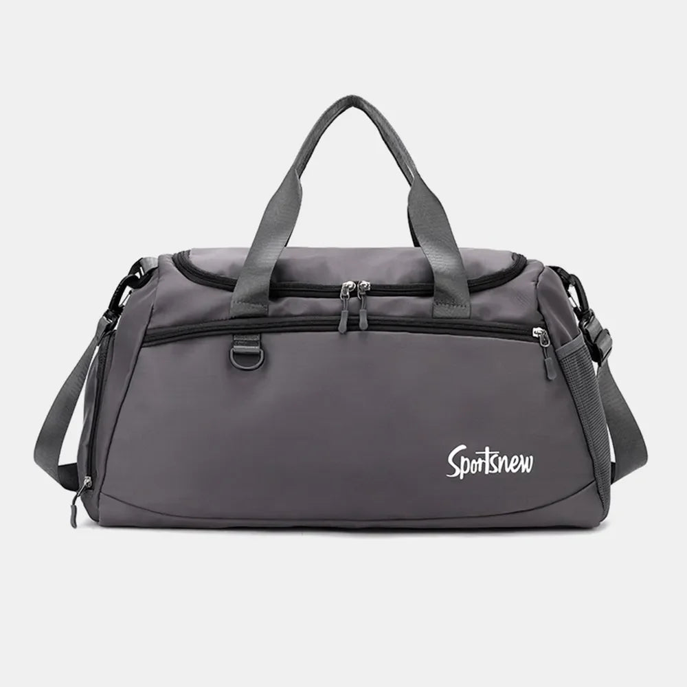 Sportsnew dark gray nylon duffle bag with dual zippers and side strap.