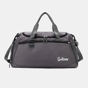 Sportsnew dark gray nylon duffle bag with dual zippers and side strap.
