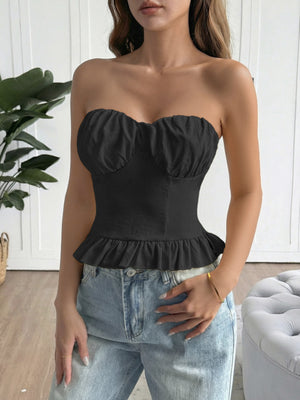 Black ruffled hem strapless tube top with ruched bust detail.