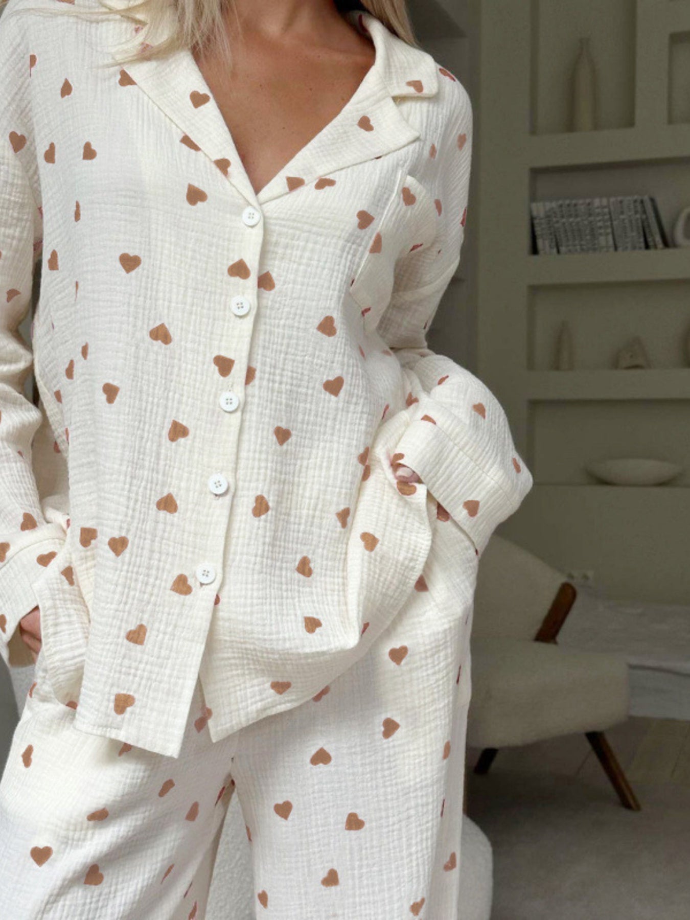 Heart Print Long Sleeve Top And Pants Lounge Set in Apricot, fabric detail